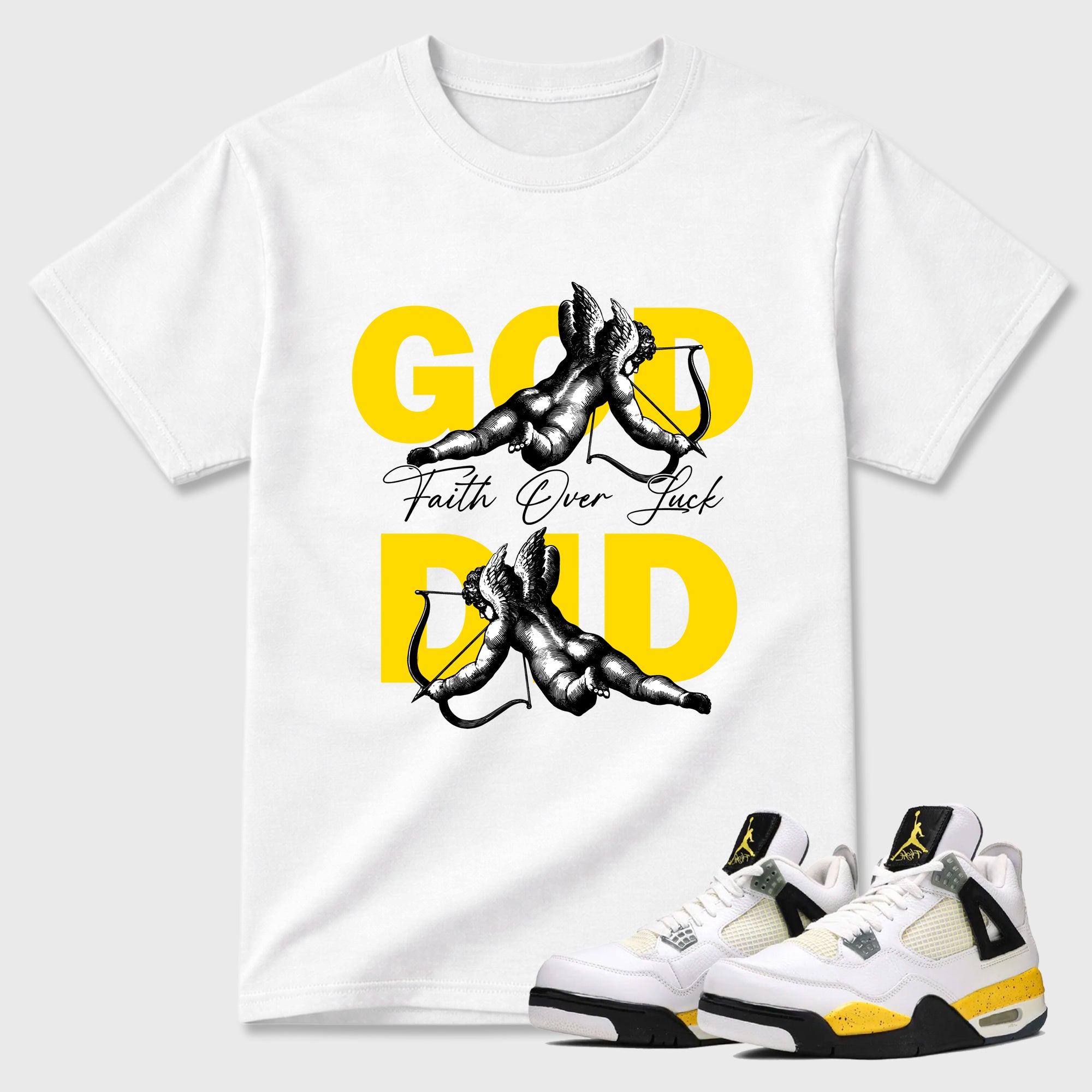 God Did Graphic T-Shirt featuring original streetwear artwork designed to match the Air Jordan 4 Tour Yellow. White 1 Graphic T-Shirt.
