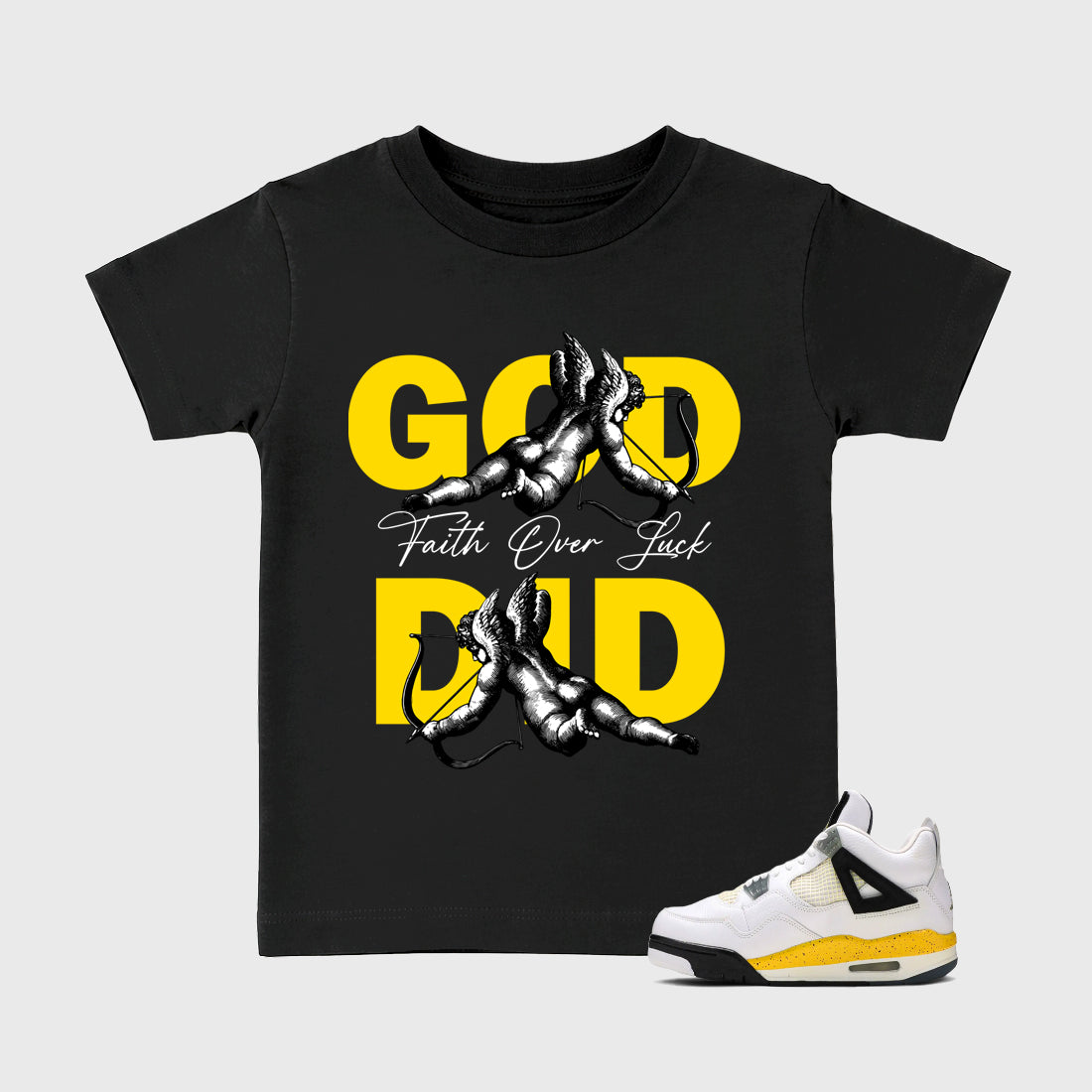God Did Baby & Kids Graphic T-Shirt featuring original artwork designed to match the Air Jordan 4 Tour Yellow. Black 1 Kids Graphic Tee.
