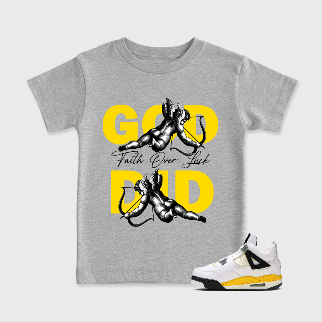 God Did Baby & Kids Graphic T-Shirt featuring original artwork designed to match the Air Jordan 4 Tour Yellow. Heather Grey 1 Kids Graphic Tee.