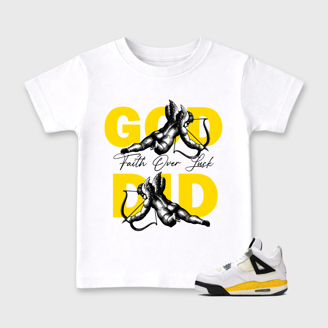 God Did Baby & Kids Graphic T-Shirt featuring original artwork designed to match the Air Jordan 4 Tour Yellow. White 1 Kids Graphic Tee.