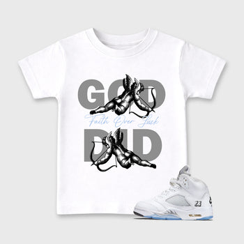 Sneaker match tees – Sneaker Tees To Match Air Jordan 5 White Metallic Shoes – God Did Kids T-Shirt White 1