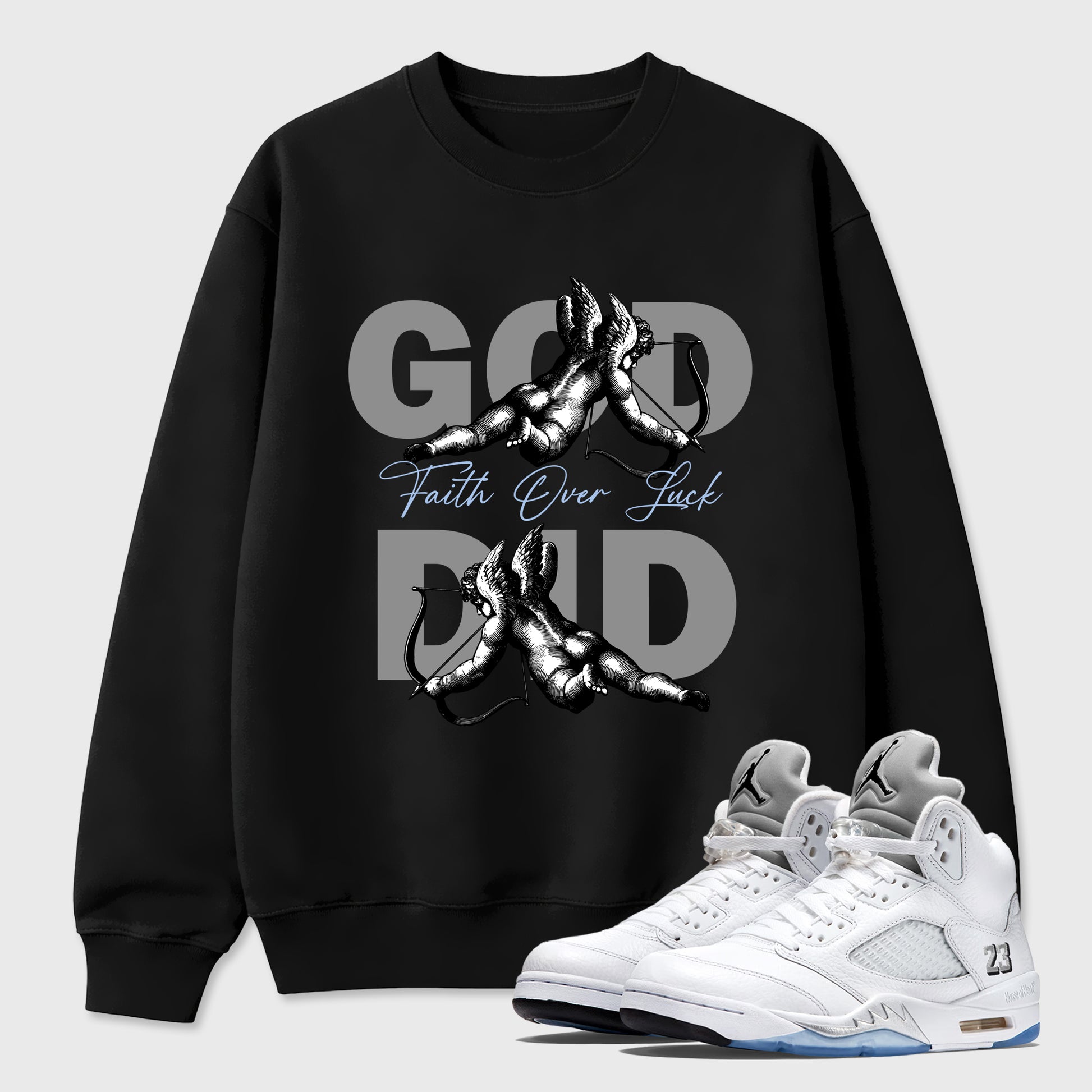 Sneaker match tees – Sneaker Tees To Match Air Jordan 5 White Metallic Shoes – God Did Tee Black 1