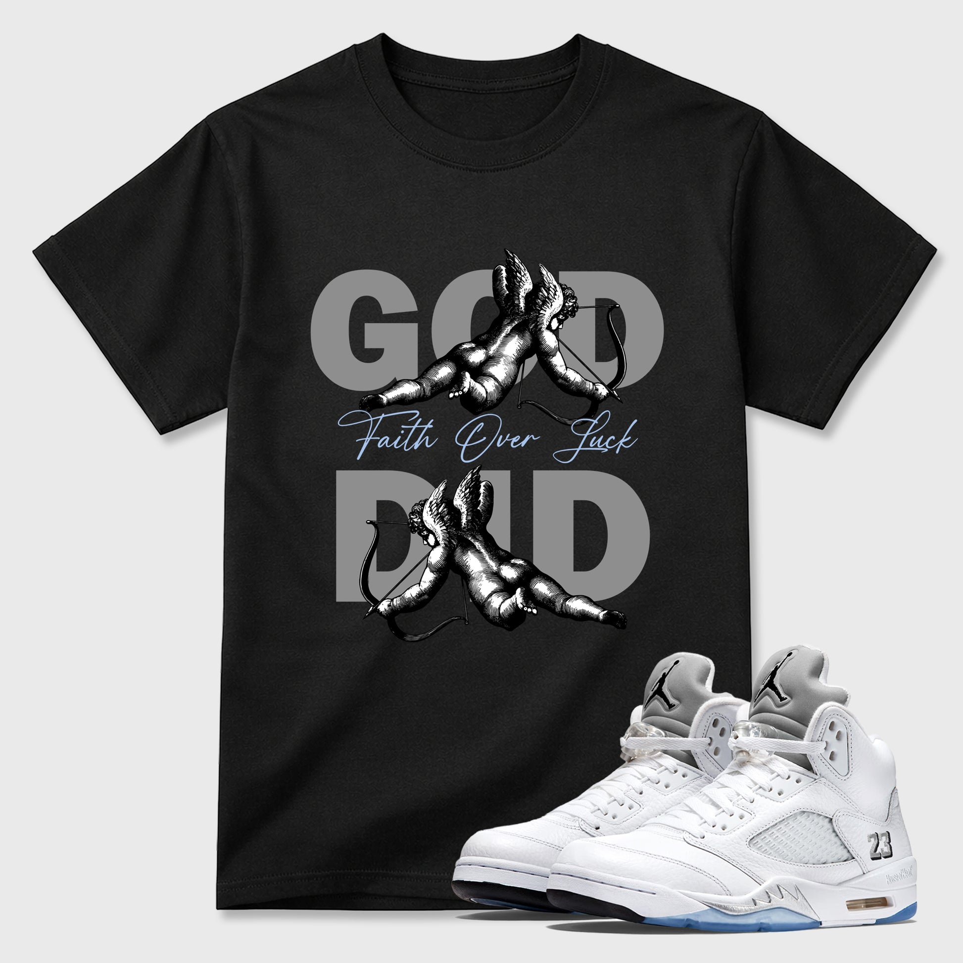 Sneaker match tees – Sneaker Tees To Match Air Jordan 5 White Metallic Shoes – God Did Tee Black 1