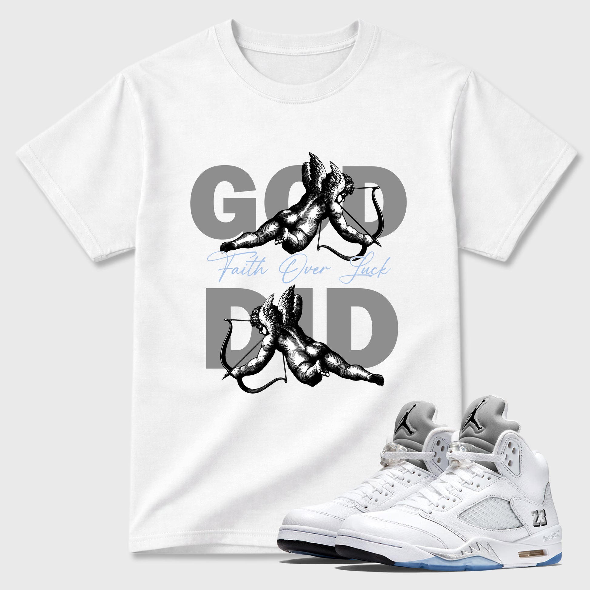 Sneaker match tees – Sneaker Tees To Match Air Jordan 5 White Metallic Shoes – God Did Tee White 1