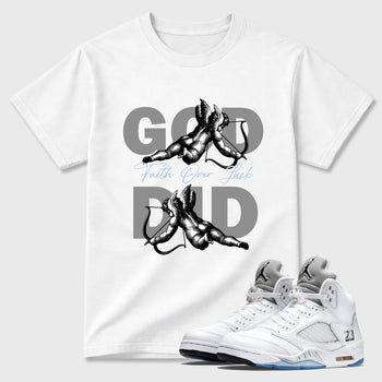 Sneaker match tees – Sneaker Tees To Match Air Jordan 5 White Metallic Shoes – God Did Tee White 1