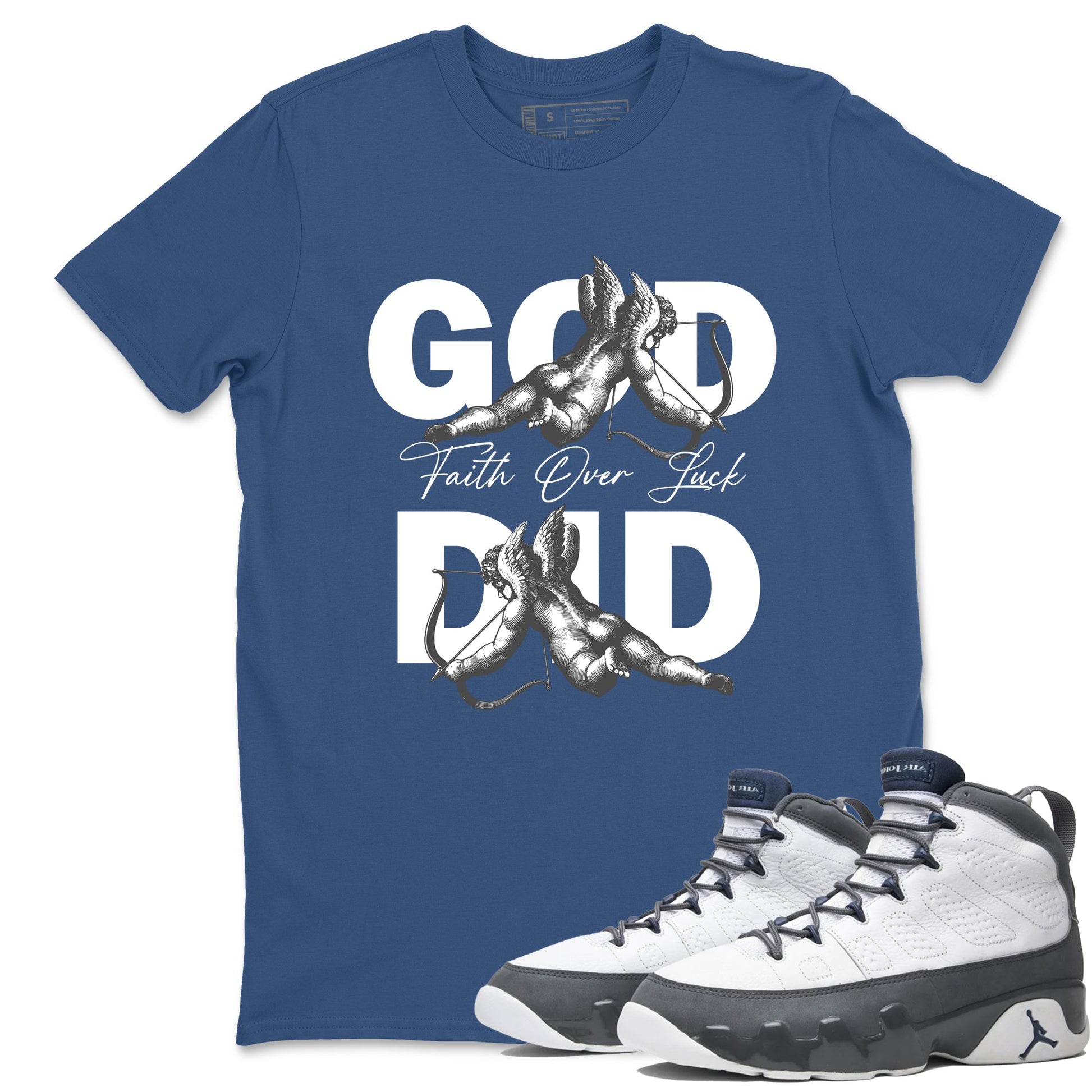 Sneaker match tees – Sneaker Tees To Match Air Jordan 9 Flint Grey Shoes – God Did Tee Denim Blue 1