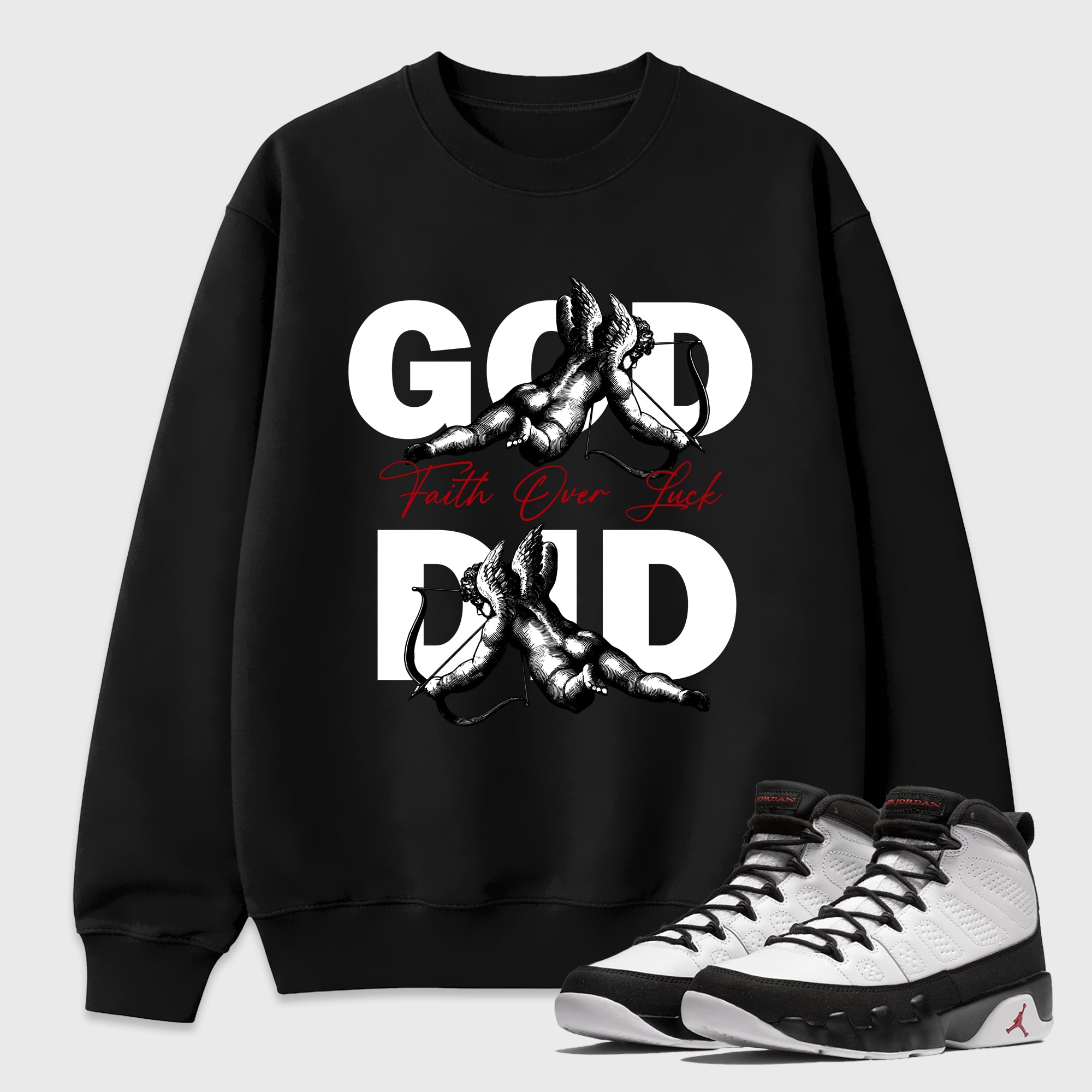 God Did Graphic T-Shirt featuring original streetwear artwork designed to match the Air Jordan 9 True Red. Black 1 Graphic Tee.