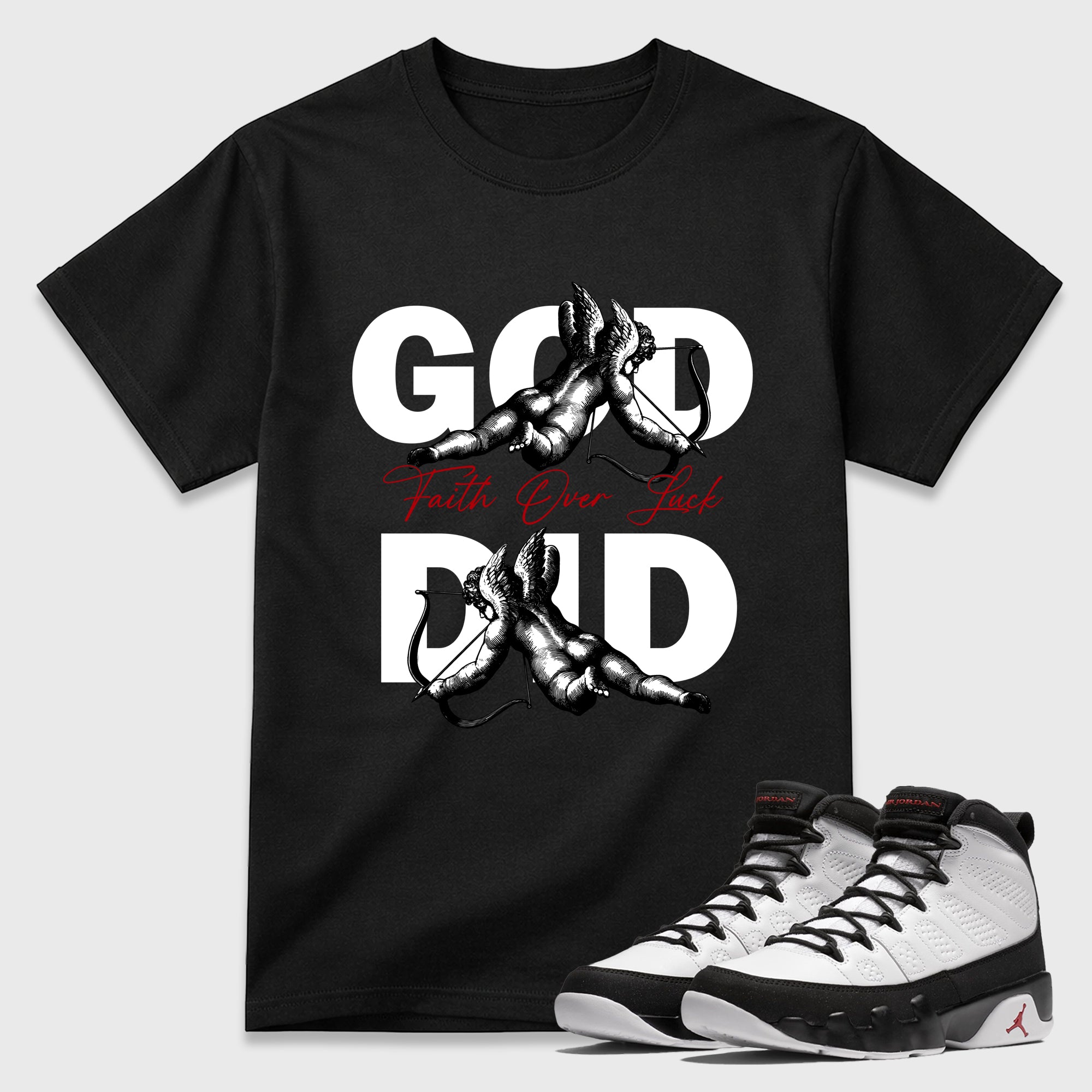 God Did Graphic T-Shirt featuring original streetwear artwork designed to match the Air Jordan 9 True Red. Black 1 Graphic T-Shirt.
