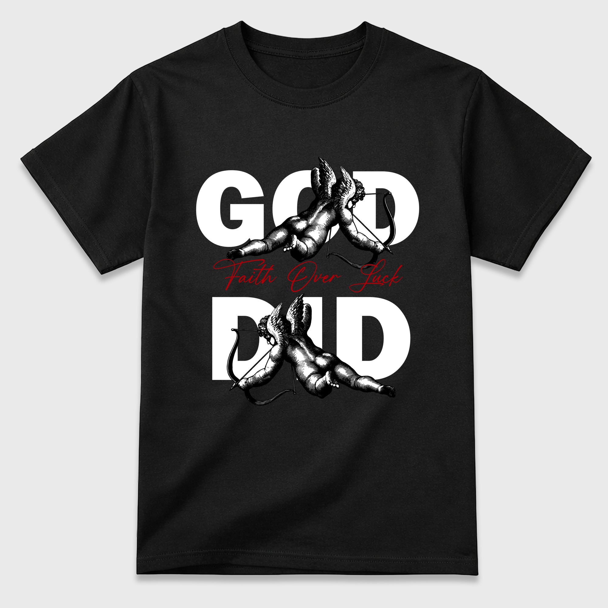God Did Graphic T-Shirt featuring original streetwear artwork designed to match the Air Jordan 9 True Red. Black 2 Graphic T-Shirt.