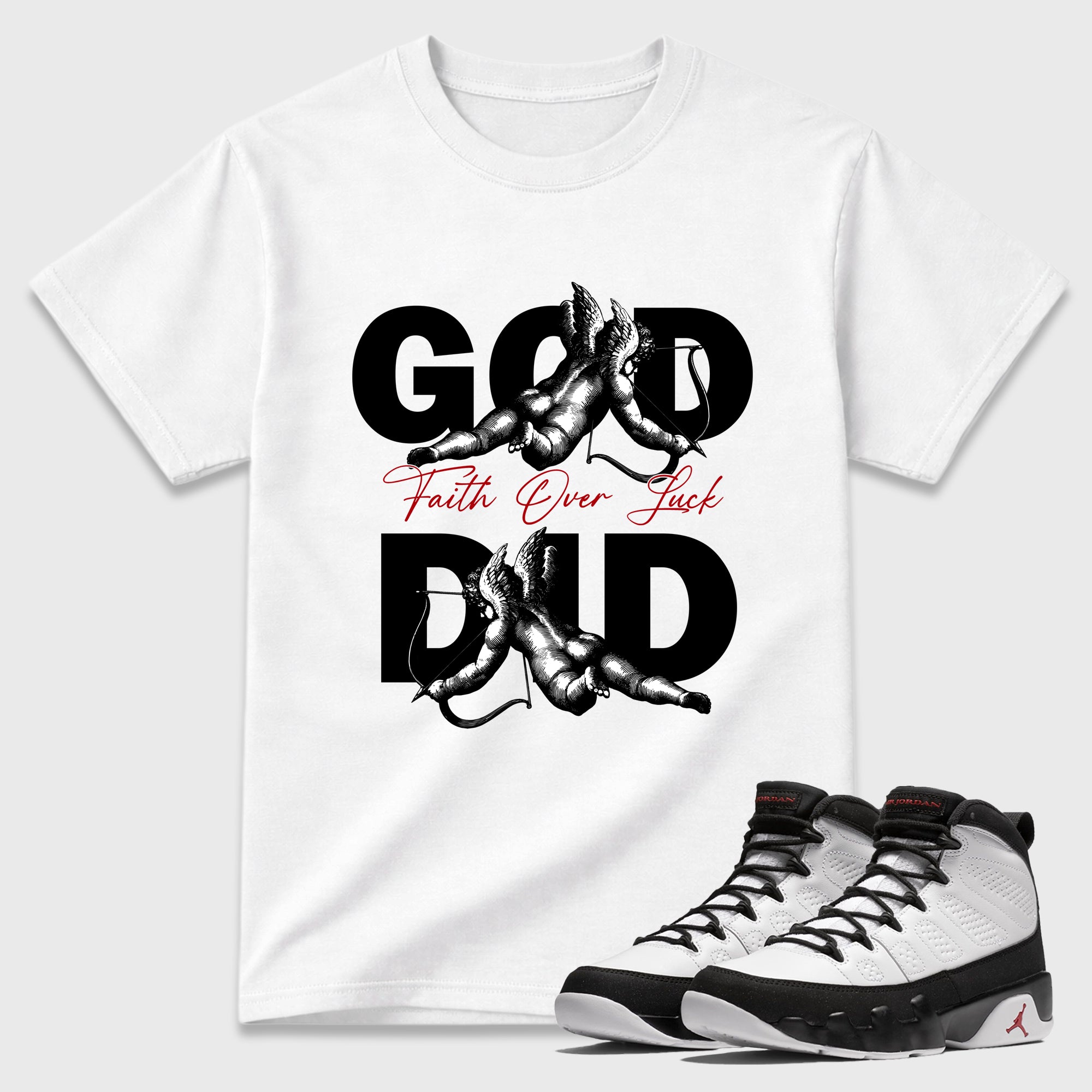 God Did Graphic T-Shirt featuring original streetwear artwork designed to match the Air Jordan 9 True Red. White 1 Graphic T-Shirt.