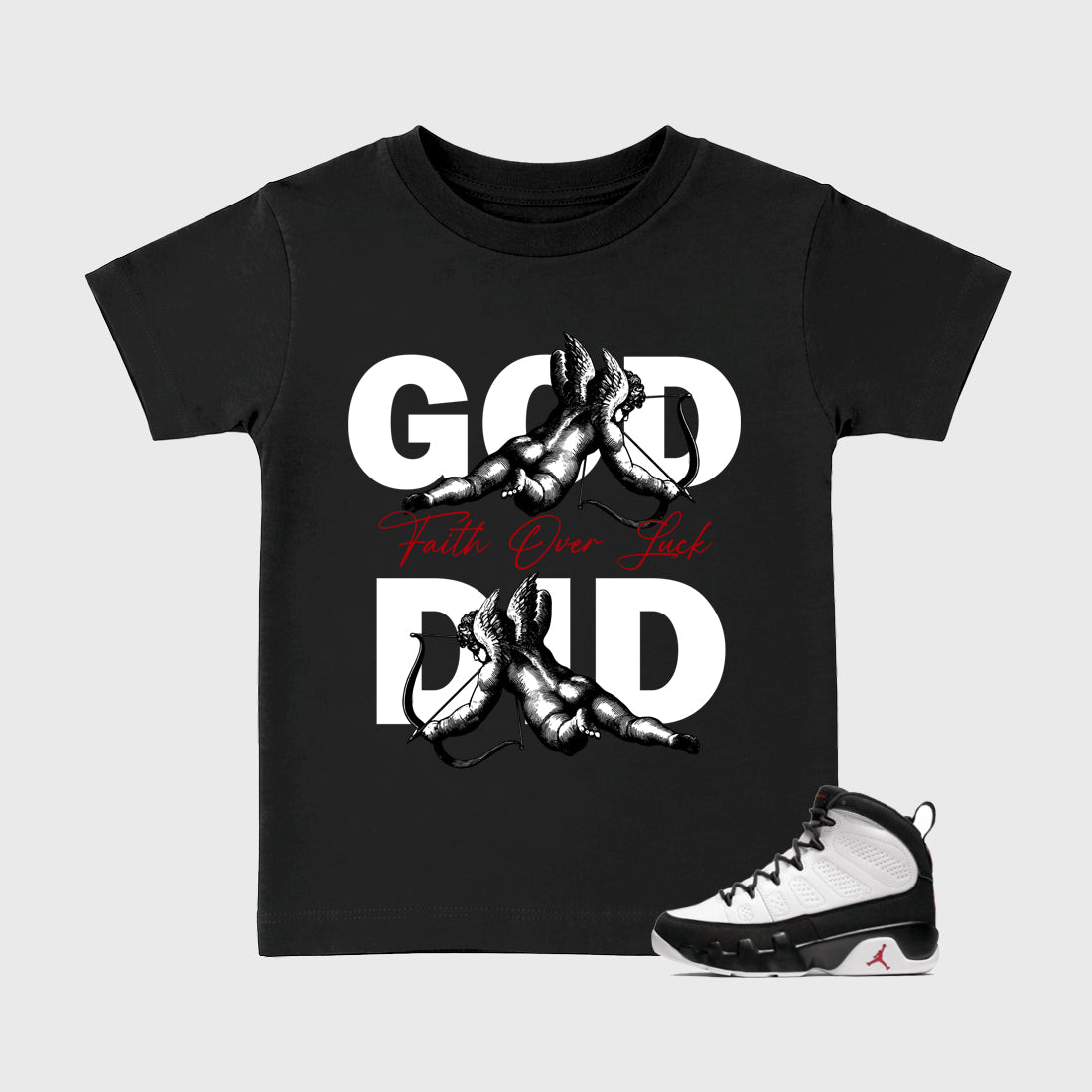 God Did Baby & Kids Graphic T-Shirt featuring original artwork designed to match the Air Jordan 9 True Red. Black 1 Kids Graphic Tee.