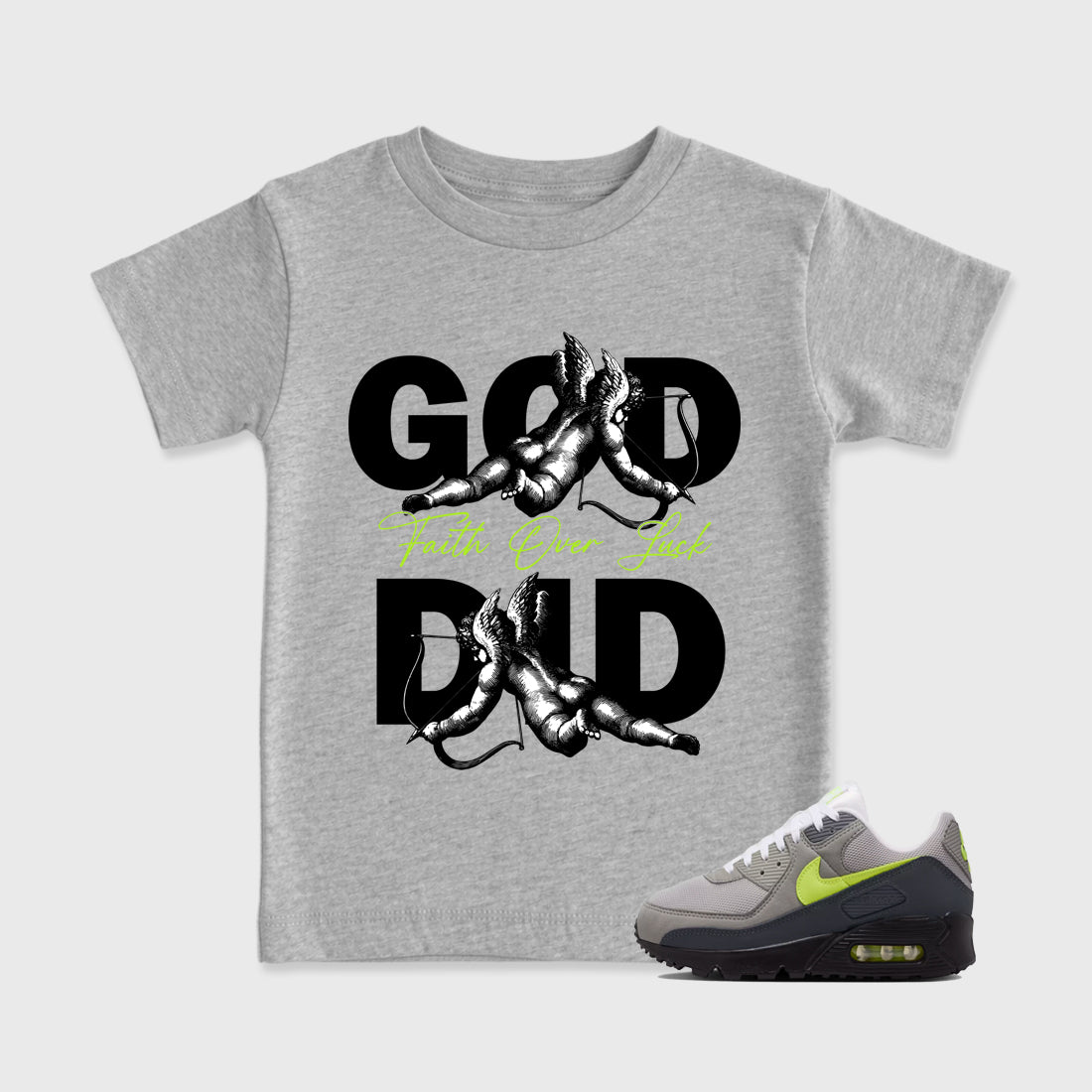 Sneaker match tees – Sneaker Tees To Match Air Max 90 Neon Yellow Shoes – God Did Kids T-Shirt Heather Grey 1