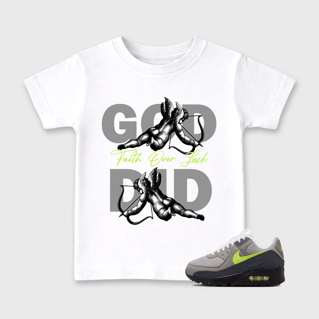 Sneaker match tees – Sneaker Tees To Match Air Max 90 Neon Yellow Shoes – God Did Kids T-Shirt White 1