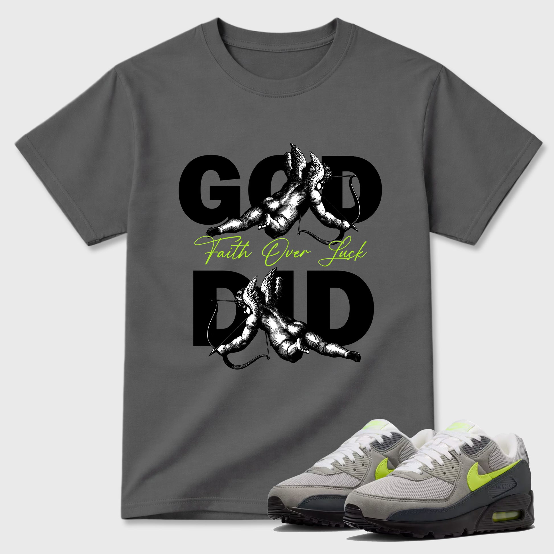 Sneaker match tees – Sneaker Tees To Match Air Max 90 Neon Yellow Shoes – God Did Tee Cool Grey 1