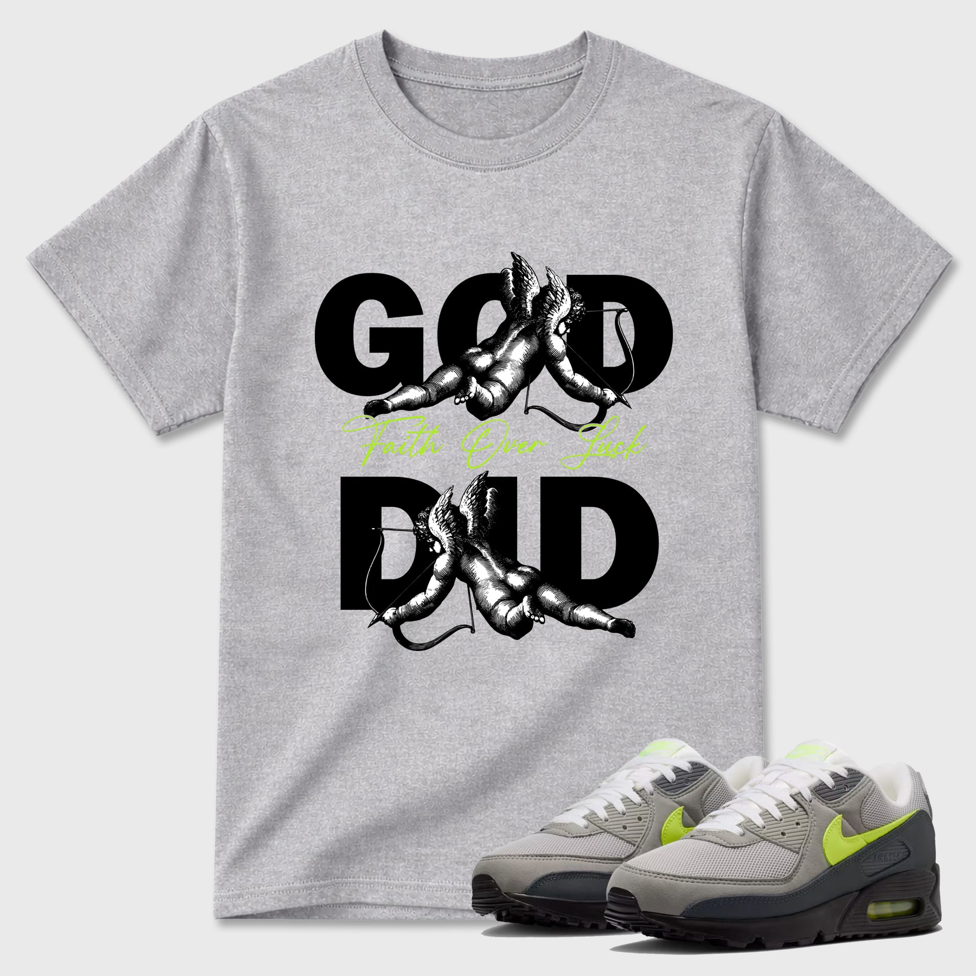Sneaker match tees – Sneaker Tees To Match Air Max 90 Neon Yellow Shoes – God Did Tee Heather Grey 1
