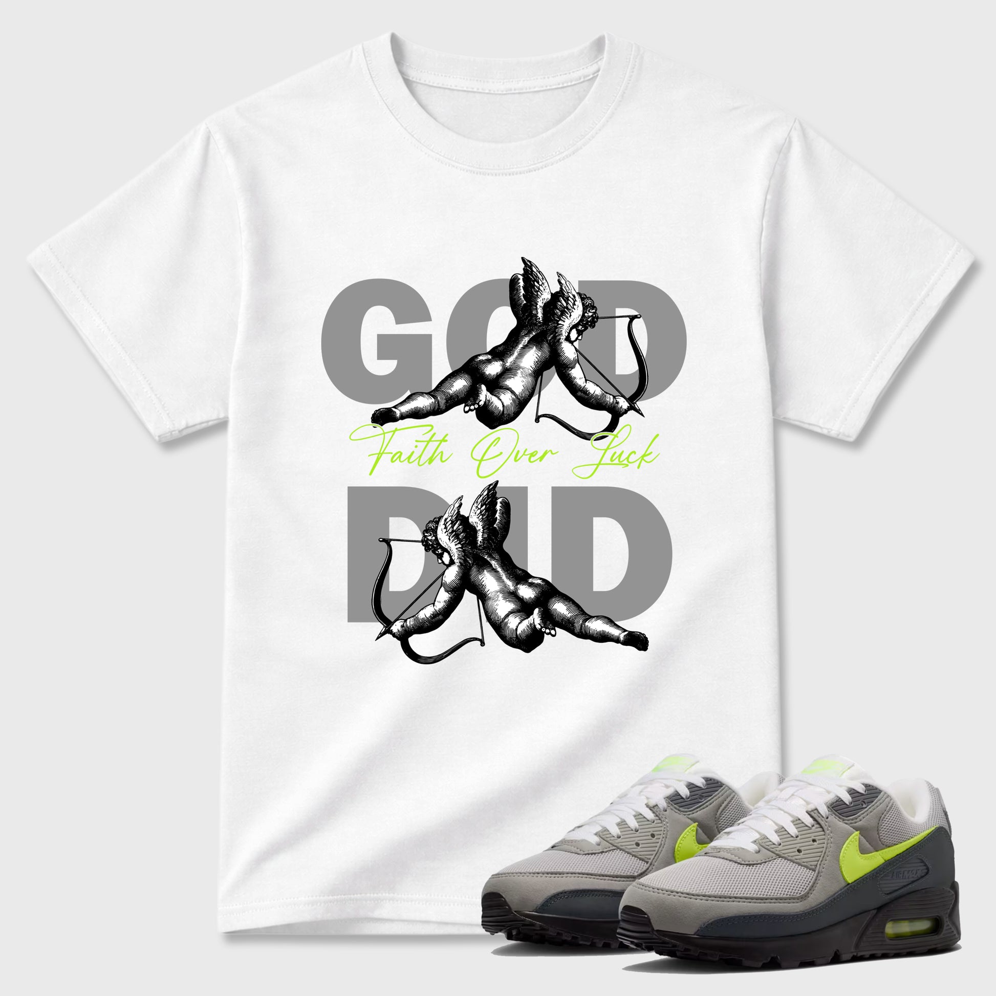 Sneaker match tees – Sneaker Tees To Match Air Max 90 Neon Yellow Shoes – God Did Tee White 1