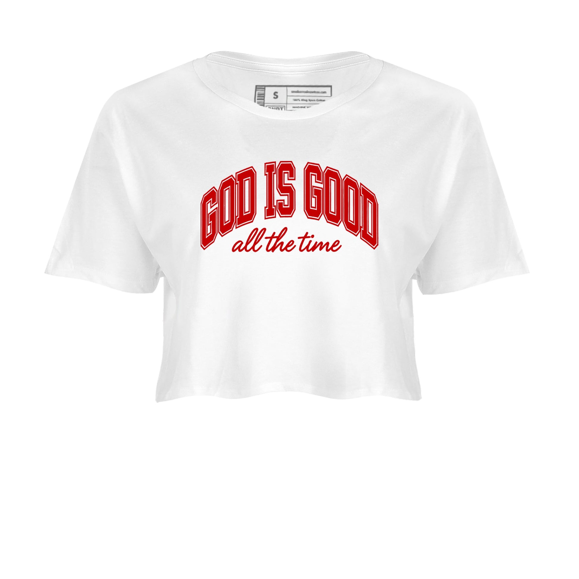 God Is Good womens crop tee made to vibe with the Air Force 1 University Red sneakers — the perfect match in White 2.