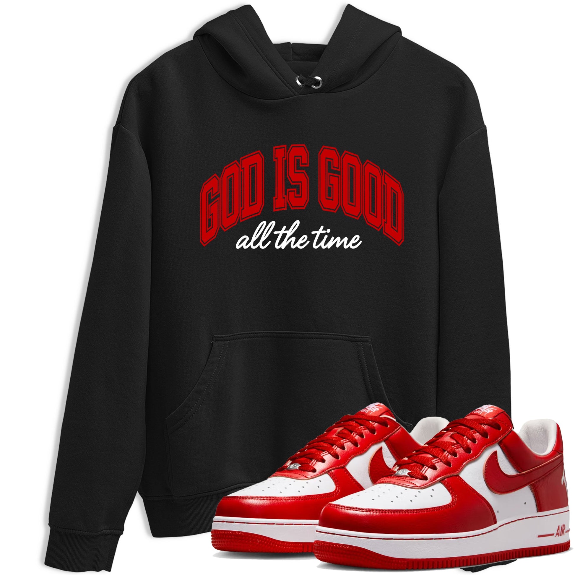 God Is Good sneaker match t-shirt styled to complete your fit with the Air Force 1 University Red sneakers, shown in Black 1.