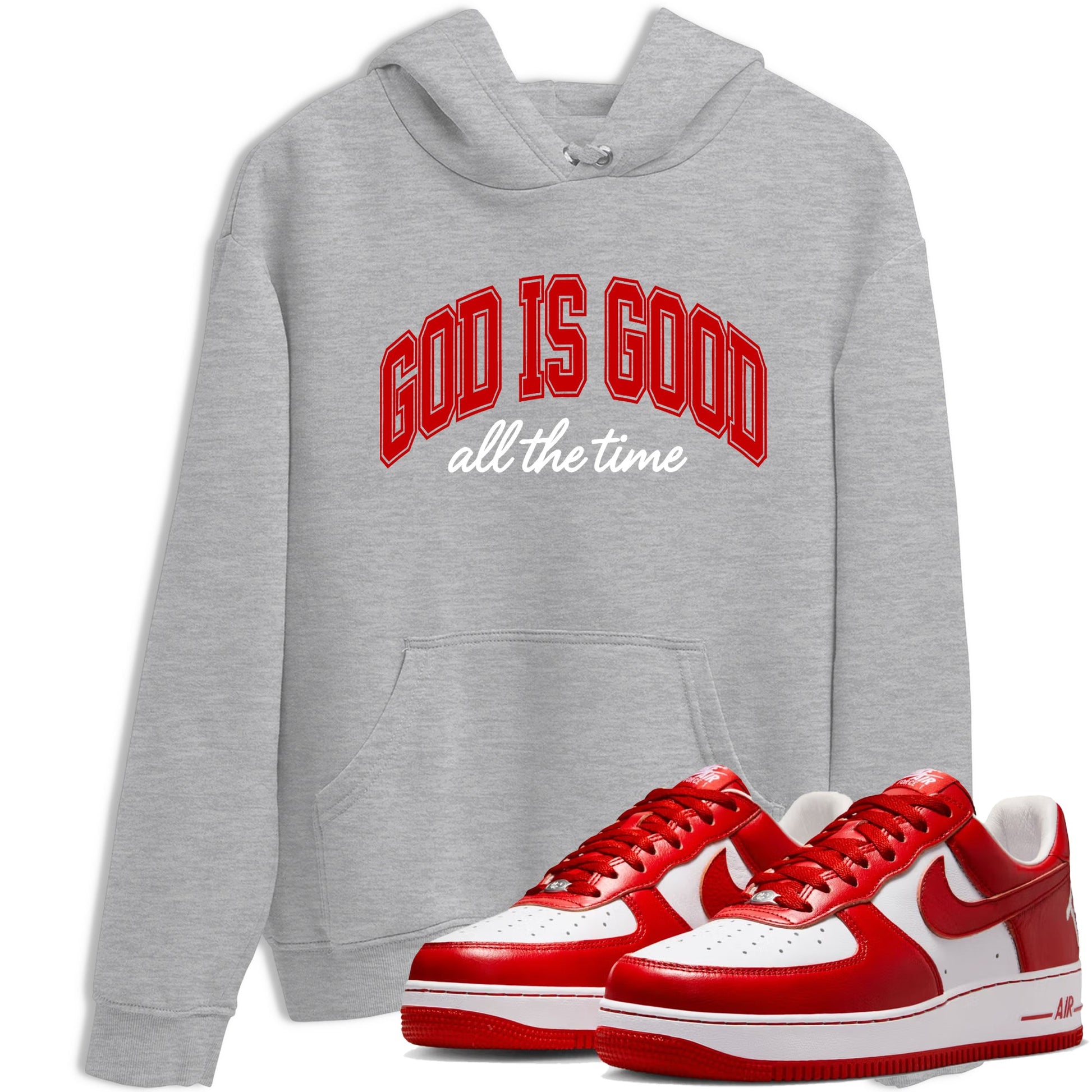 God Is Good sneaker match t-shirt styled to complete your fit with the Air Force 1 University Red sneakers, shown in Heather Grey 1.