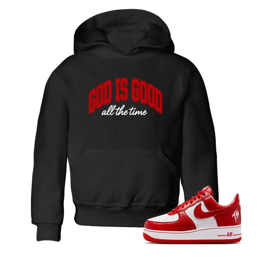 God Is Good baby and kids t-shirt crafted for little sneakerheads to shine with the Air Force 1 University Red sneakers, displayed in Black 1.