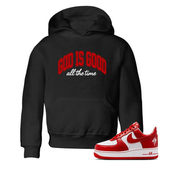 God Is Good baby and kids t-shirt crafted for little sneakerheads to shine with the Air Force 1 University Red sneakers, displayed in Black 1.