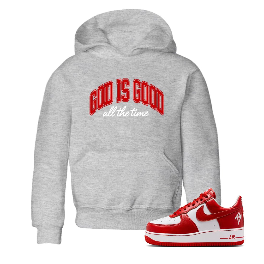 God Is Good baby and kids t-shirt crafted for little sneakerheads to shine with the Air Force 1 University Red sneakers, displayed in Heather Grey 1.