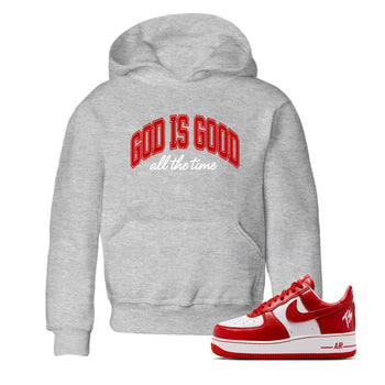 God Is Good baby and kids t-shirt crafted for little sneakerheads to shine with the Air Force 1 University Red sneakers, displayed in Heather Grey 1.