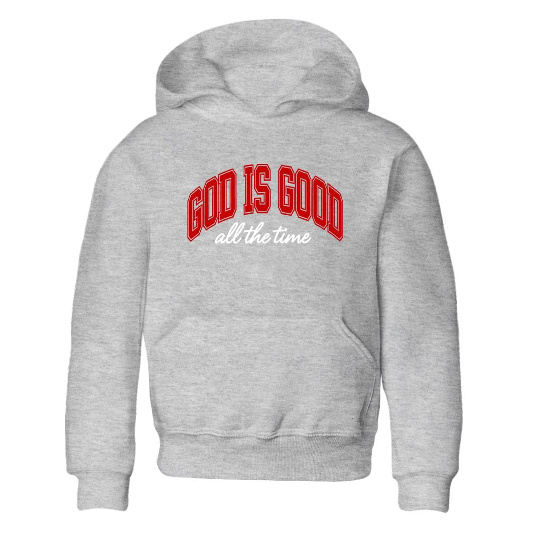 God Is Good baby and kids t-shirt crafted for little sneakerheads to shine with the Air Force 1 University Red sneakers, displayed in Heather Grey 2.