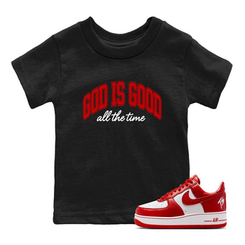 God Is Good baby and kids t-shirt crafted for little sneakerheads to shine with the Air Force 1 University Red sneakers, displayed in Black 1.