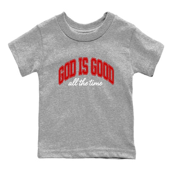 God Is Good baby and kids t-shirt crafted for little sneakerheads to shine with the Air Force 1 University Red sneakers, displayed in Heather Grey 2.