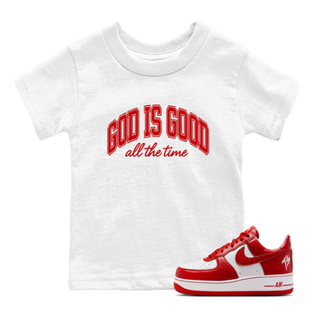 God Is Good baby and kids t-shirt crafted for little sneakerheads to shine with the Air Force 1 University Red sneakers, displayed in White 1.