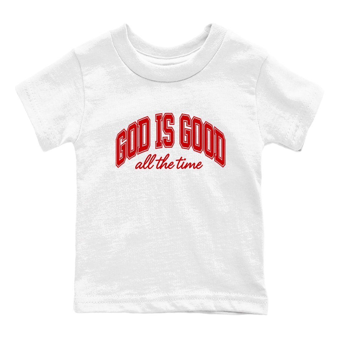 God Is Good baby and kids t-shirt crafted for little sneakerheads to shine with the Air Force 1 University Red sneakers, displayed in White 2.