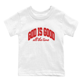 God Is Good baby and kids t-shirt crafted for little sneakerheads to shine with the Air Force 1 University Red sneakers, displayed in White 2.
