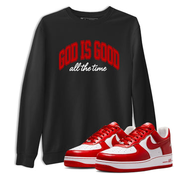 God Is Good sneaker match t-shirt styled to complete your fit with the Air Force 1 University Red sneakers, shown in Black 1.
