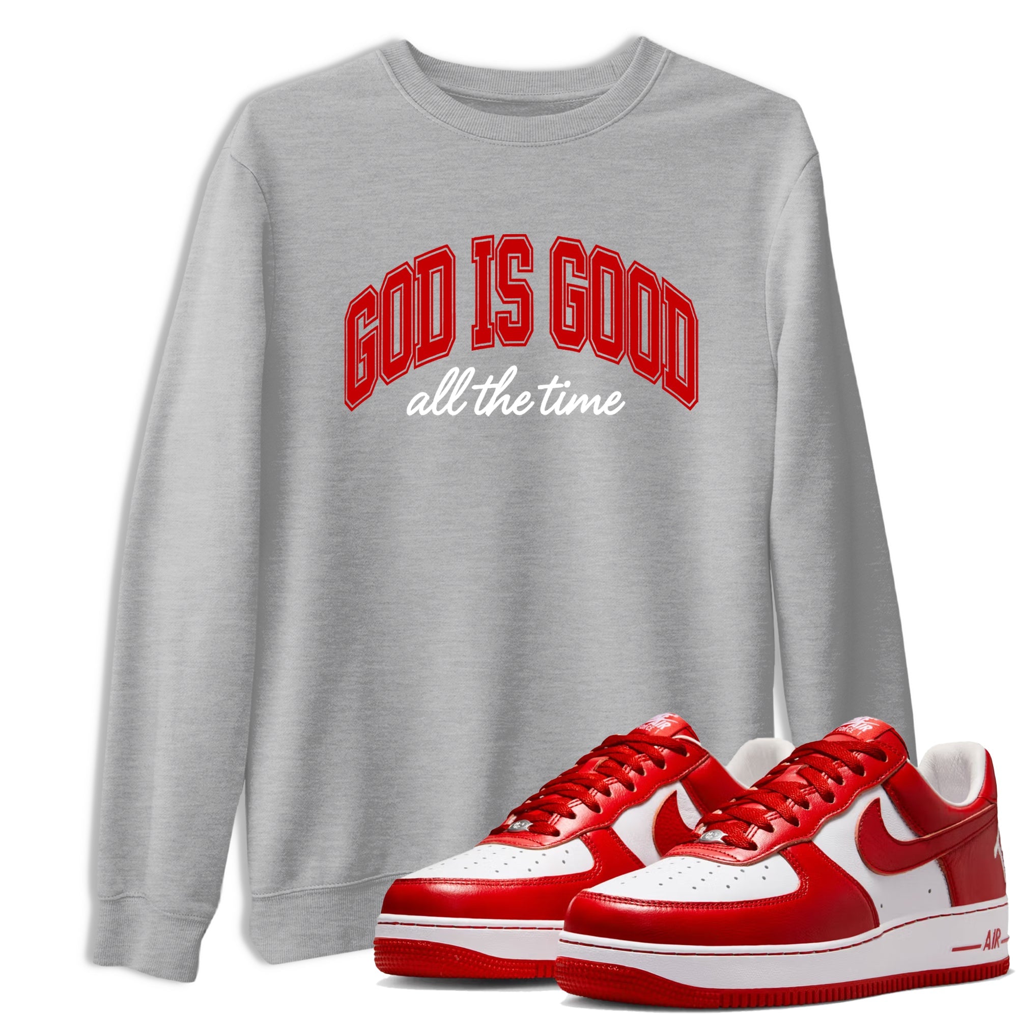 God Is Good sneaker match t-shirt styled to complete your fit with the Air Force 1 University Red sneakers, shown in Heather Grey 1.