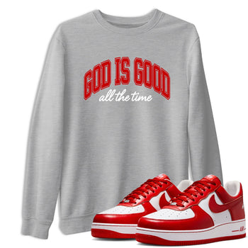 God Is Good sneaker match t-shirt styled to complete your fit with the Air Force 1 University Red sneakers, shown in Heather Grey 1.
