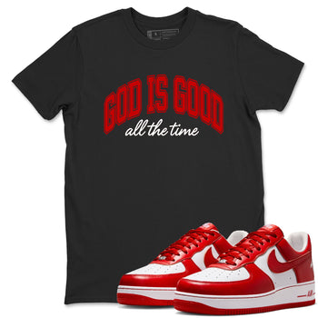 God Is Good sneaker match t-shirt styled to complete your fit with the Air Force 1 University Red sneakers, shown in Black 1.
