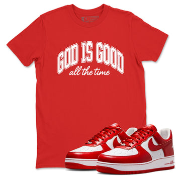 God Is Good sneaker match t-shirt styled to complete your fit with the Air Force 1 University Red sneakers, shown in Red 1.