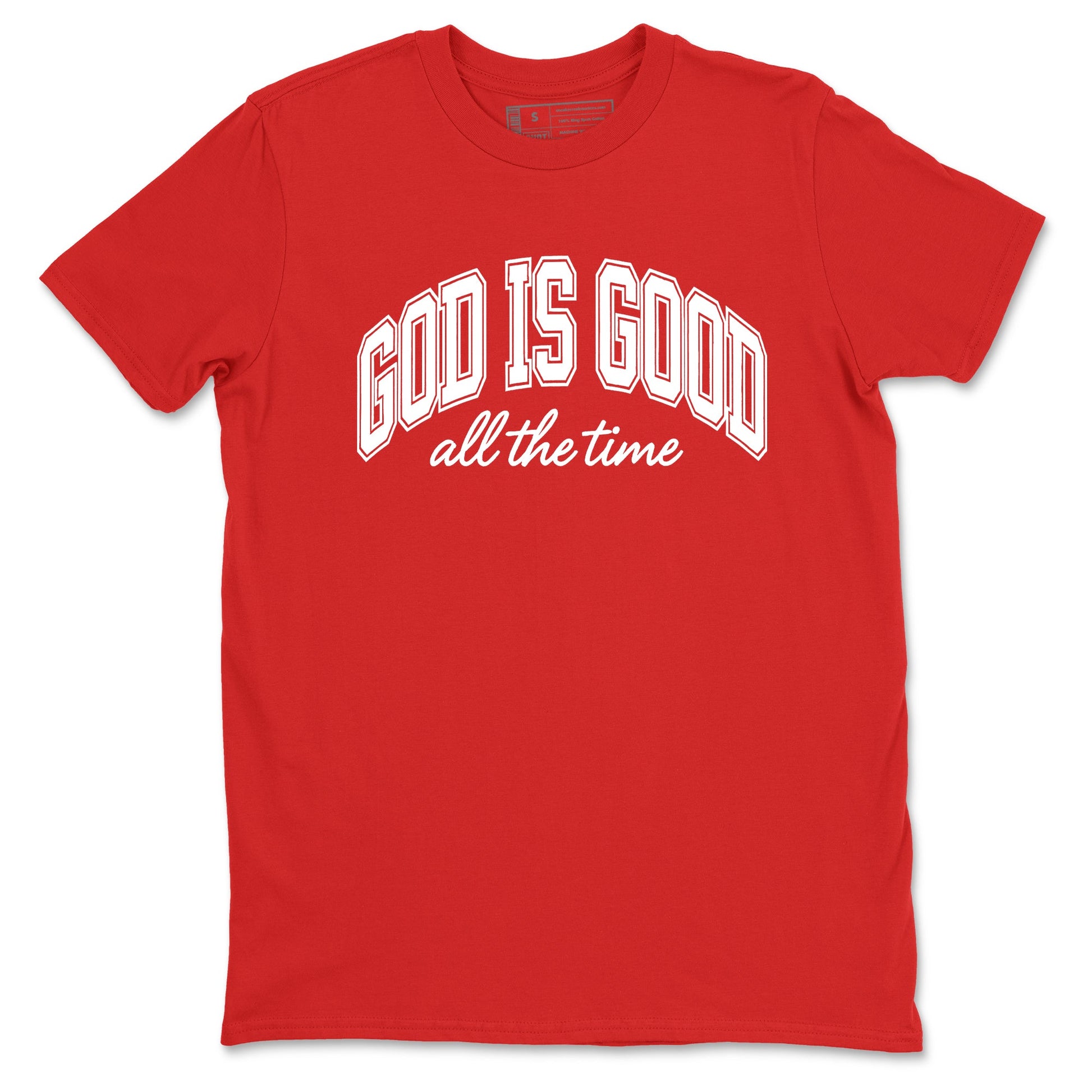 God Is Good sneaker match t-shirt styled to complete your fit with the Air Force 1 University Red sneakers, shown in Red 2.