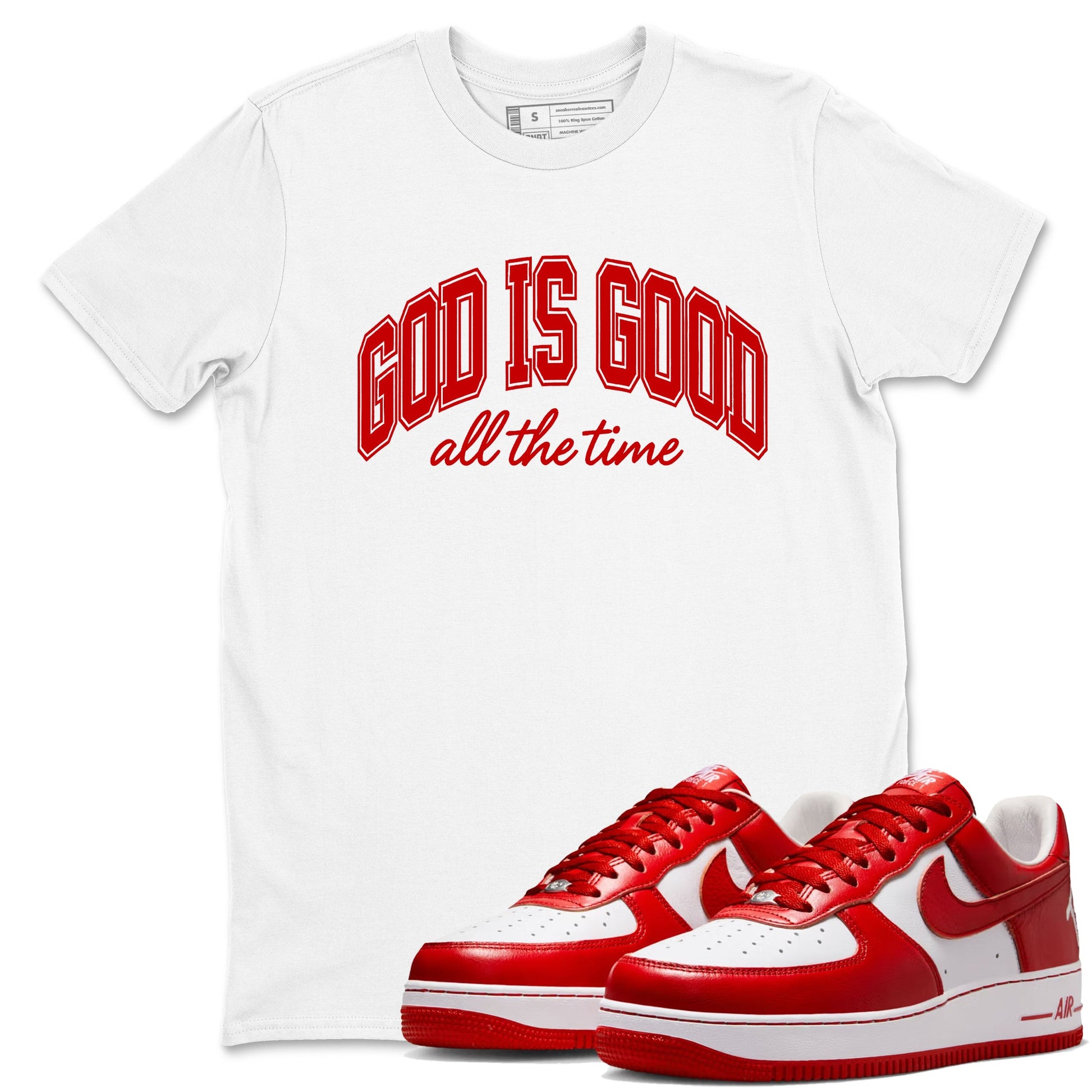 God Is Good sneaker match t-shirt styled to complete your fit with the Air Force 1 University Red sneakers, shown in White 1.