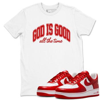 God Is Good sneaker match t-shirt styled to complete your fit with the Air Force 1 University Red sneakers, shown in White 1.
