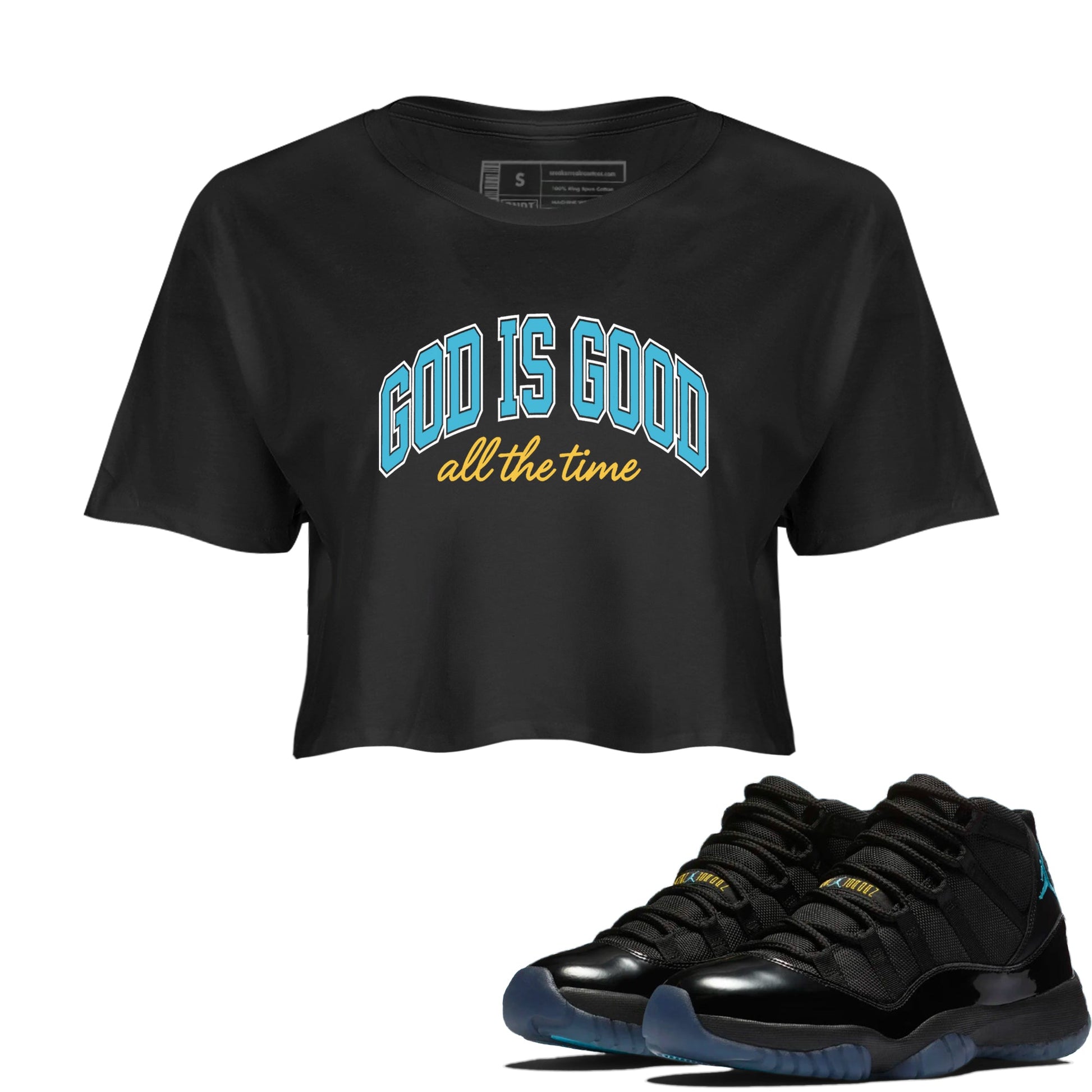 Sneaker Threads – Sneaker Tees To Match Air Jordan 11 Retro Gamma – God Is Good Crop Tee Black 1. Perfect for Jordan releases 2025 colorways.