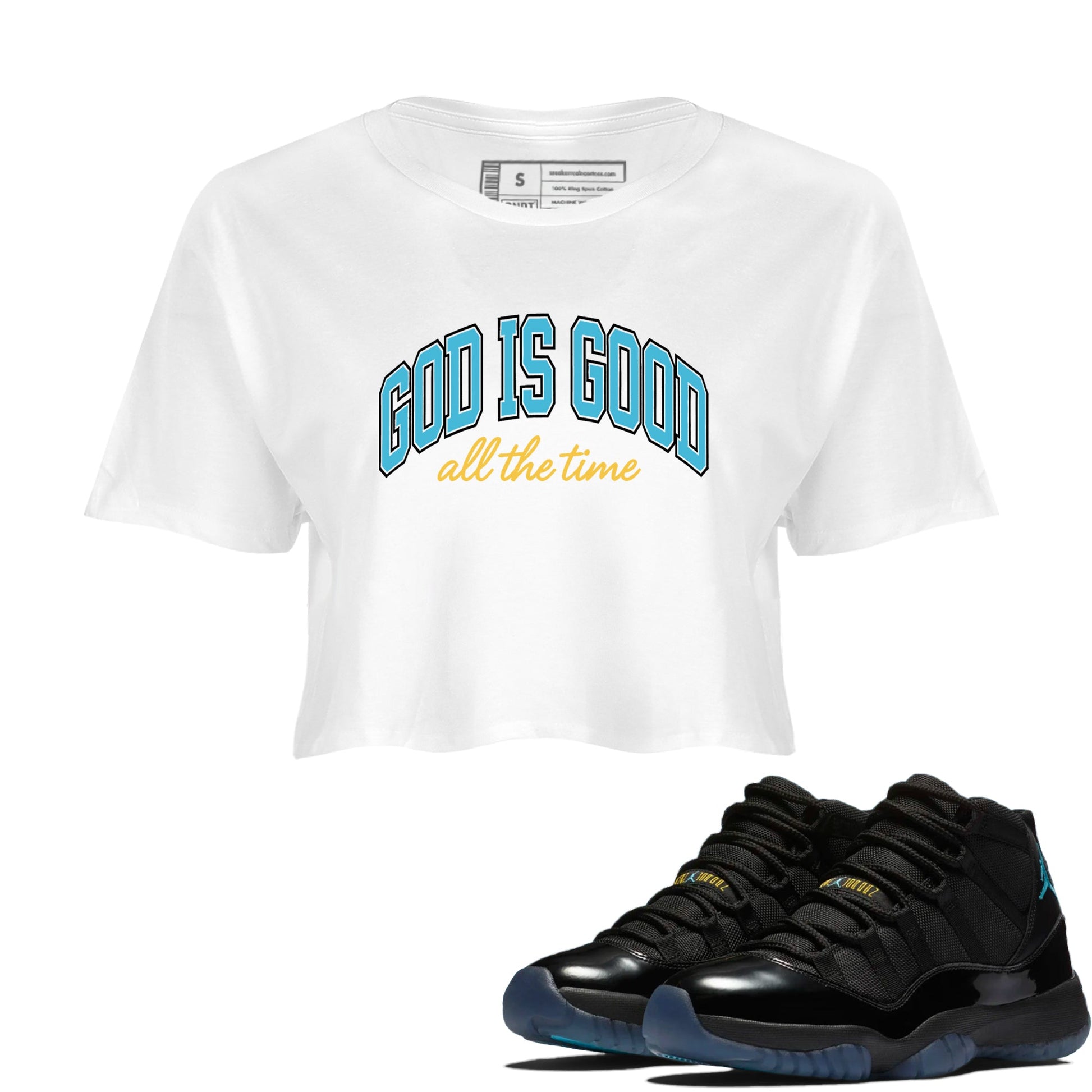 Sneaker Threads – Sneaker Tees To Match Air Jordan 11 Retro Gamma – God Is Good Crop Tee White 1. Perfect for Jordan releases 2025 colorways.