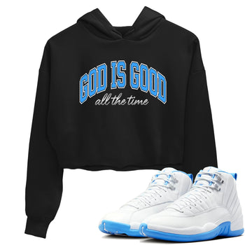 God Is Good womens crop tee made to vibe with the Air Jordan 12 White and University Blue sneakers — the perfect match in Black 1.
