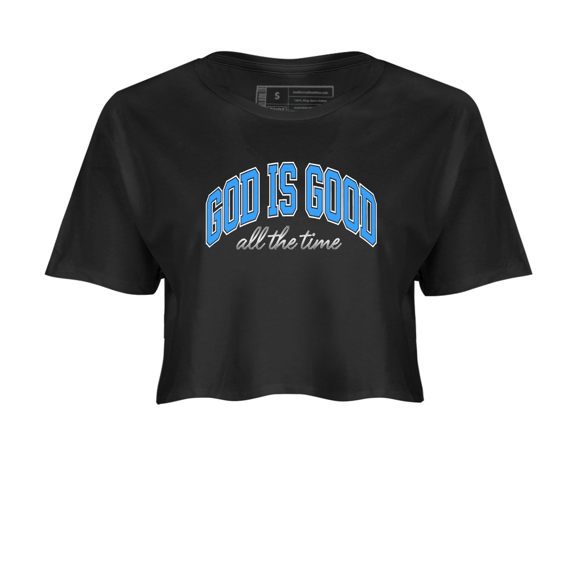 God Is Good womens crop tee made to vibe with the Air Jordan 12 White and University Blue sneakers — the perfect match in Black 2.