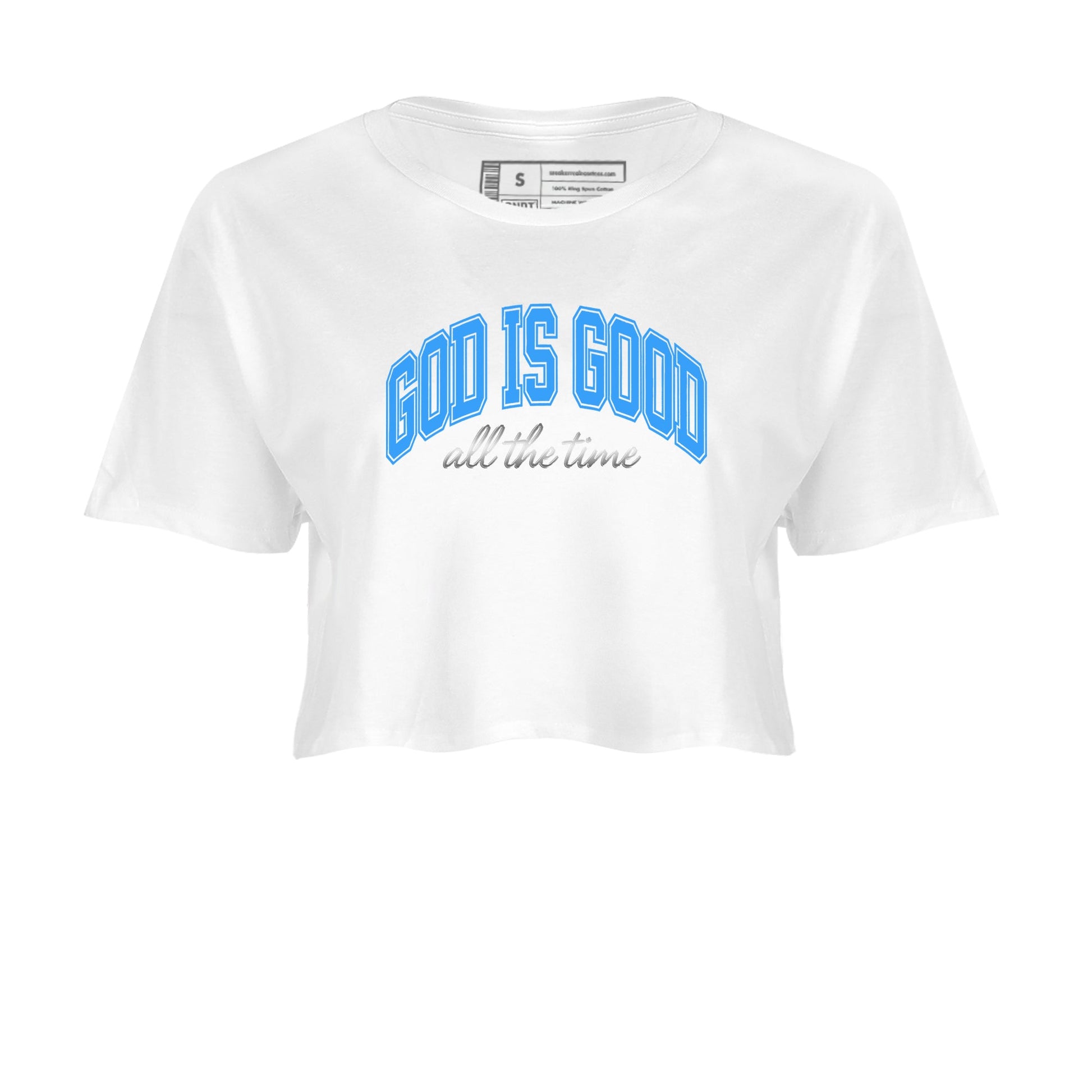 God Is Good womens crop tee made to vibe with the Air Jordan 12 White and University Blue sneakers — the perfect match in White 2.