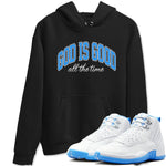 God Is Good sneaker match t-shirt styled to complete your fit with the Air Jordan 12 White and University Blue sneakers, shown in Black 1.