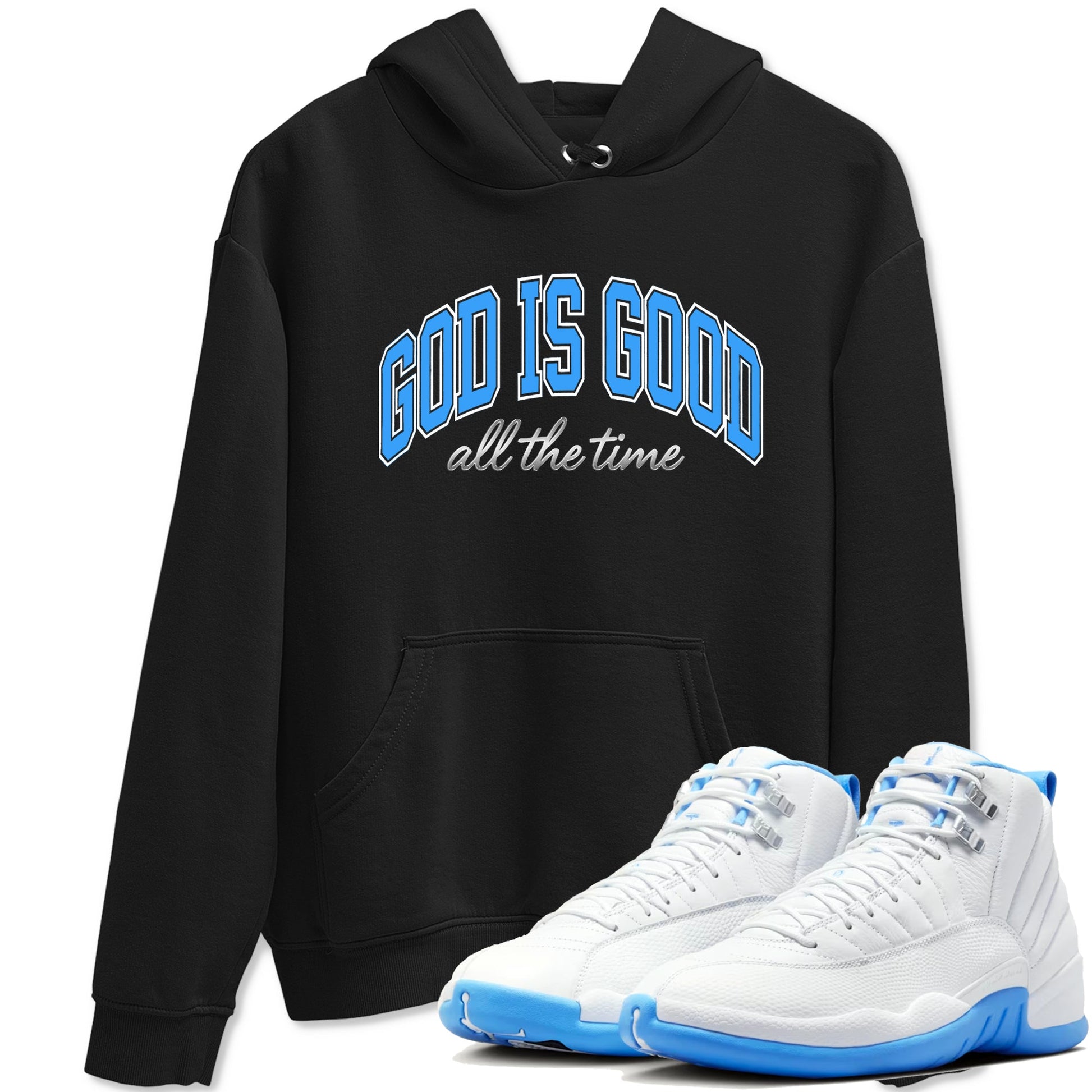 God Is Good sneaker match t-shirt styled to complete your fit with the Air Jordan 12 White and University Blue sneakers, shown in Black 1.