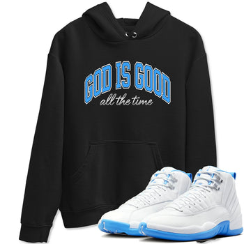 God Is Good sneaker match t-shirt styled to complete your fit with the Air Jordan 12 White and University Blue sneakers, shown in Black 1.
