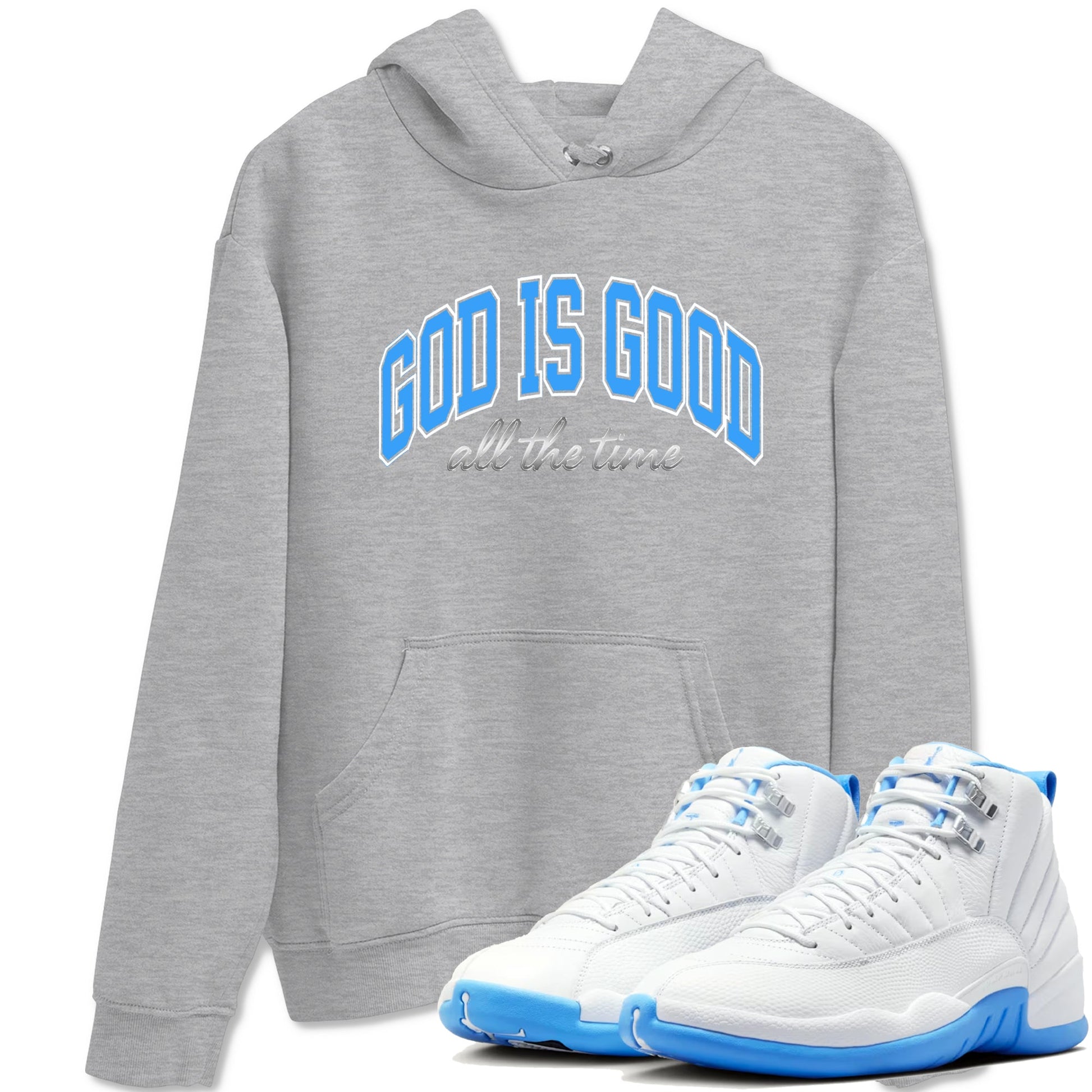 God Is Good sneaker match t-shirt styled to complete your fit with the Air Jordan 12 White and University Blue sneakers, shown in Heather Grey 1.